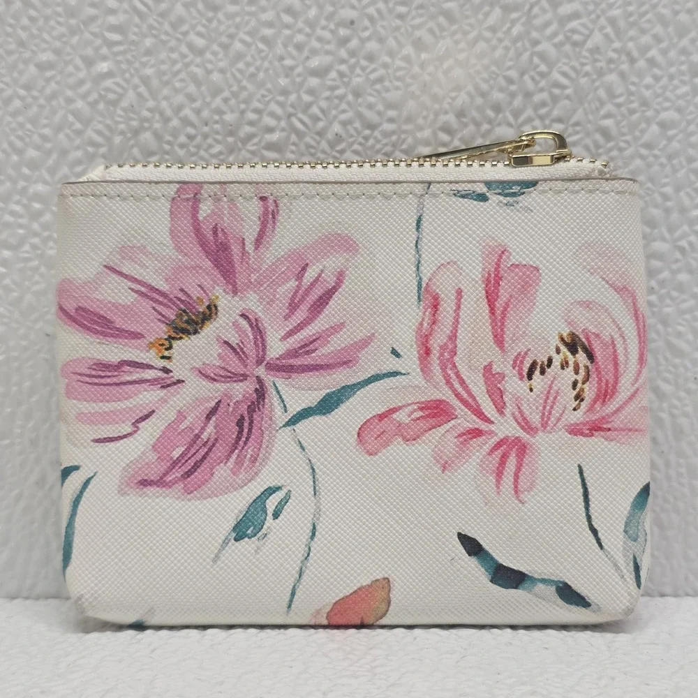 Nanette Lepore White Pink Floral Zip Change Purse Wallet